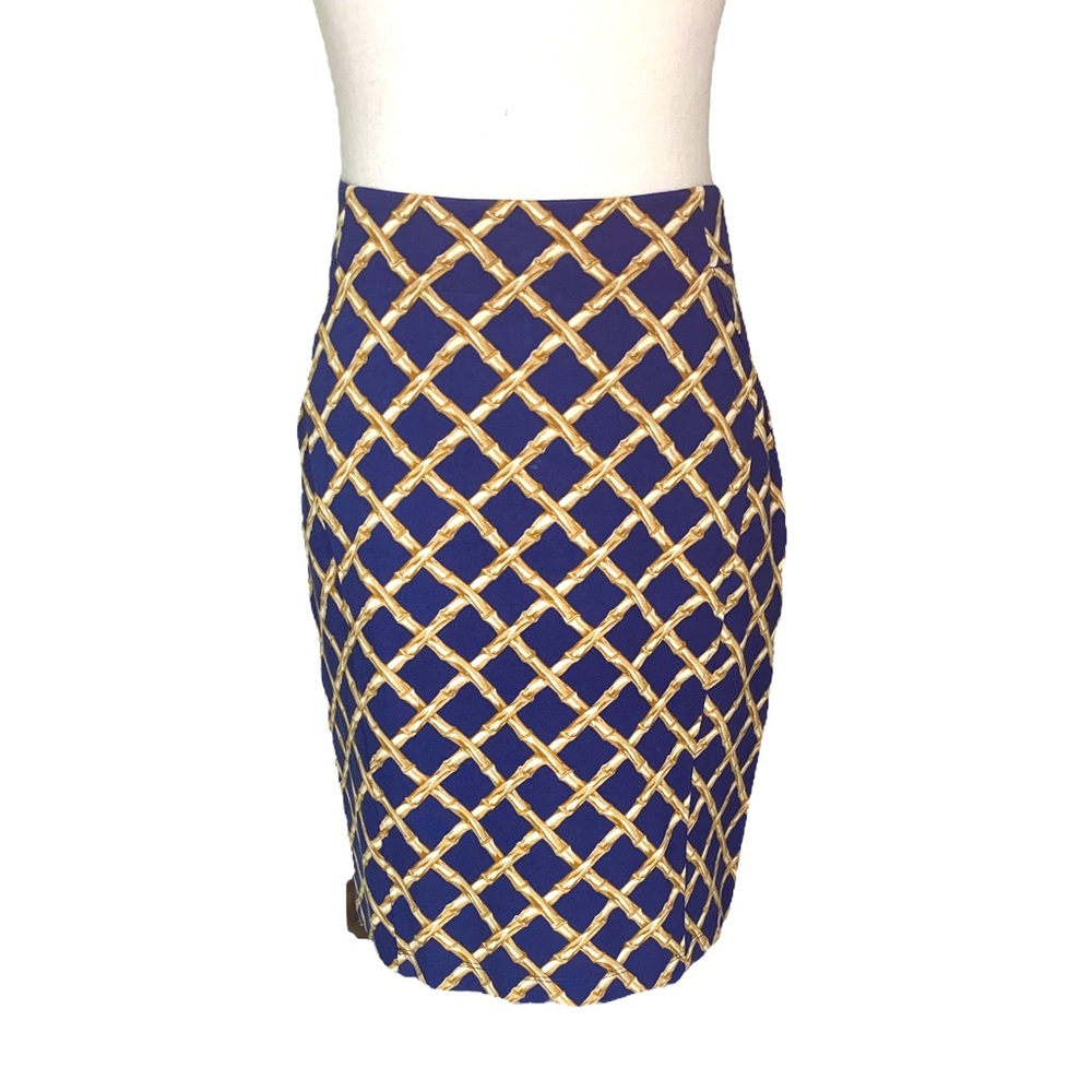J. McLaughlin Navy Blue & Tan Bamboo Trellis Pencil Skirt - 2
